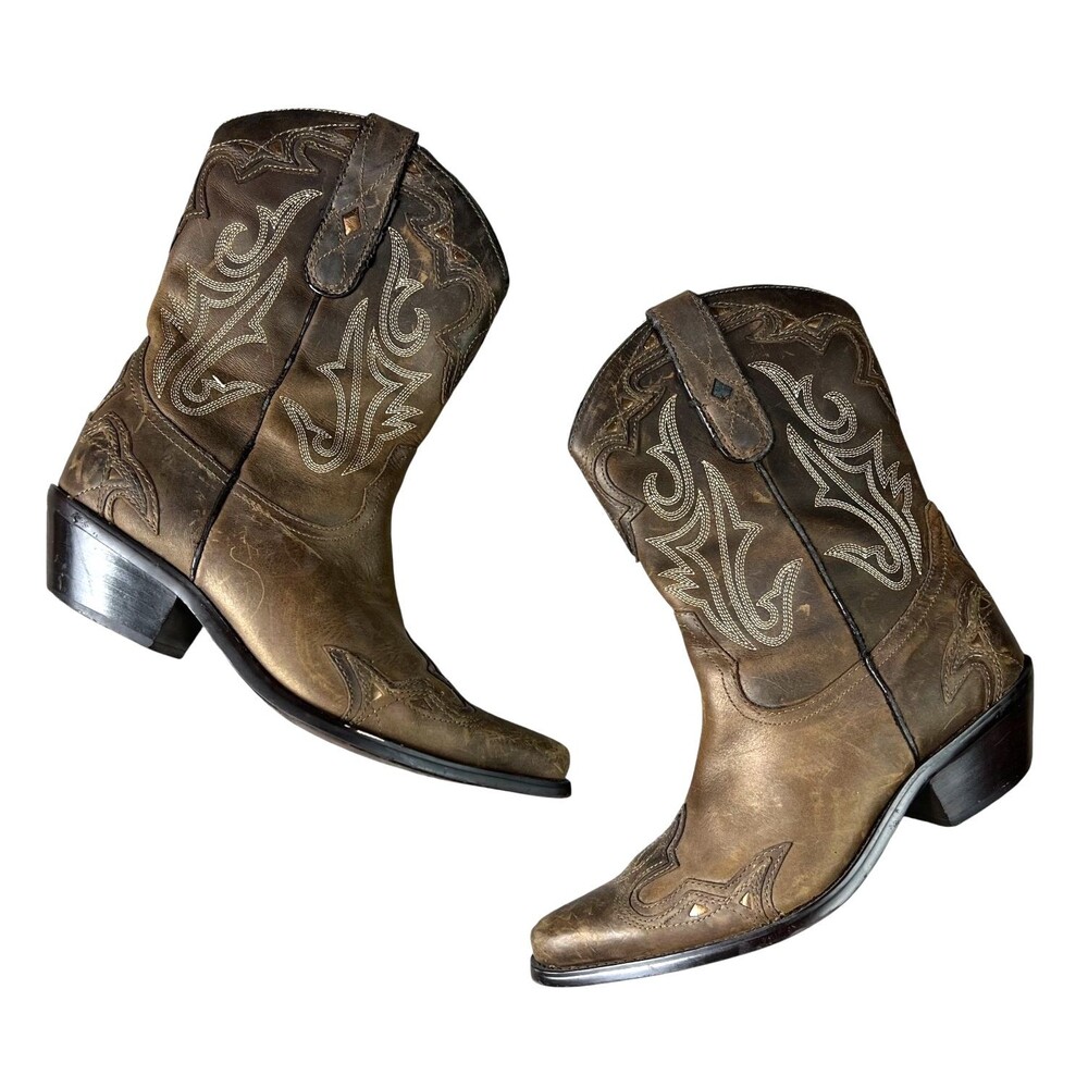 Sonora Double H Women's Brown Leather Snip Toe Western Cowgirl Boots  Size 6.5